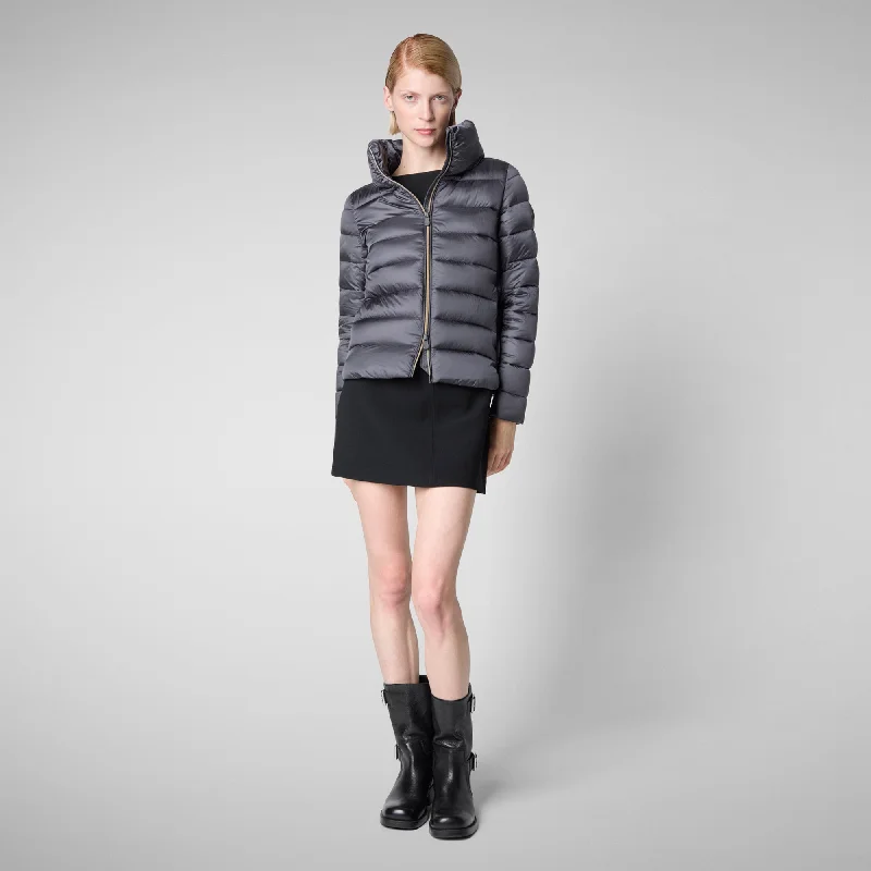 Women's Animal free Puffer Jacket Elsie in Ebony Grey Denim Fabric Leather Fabric Suede Fabric