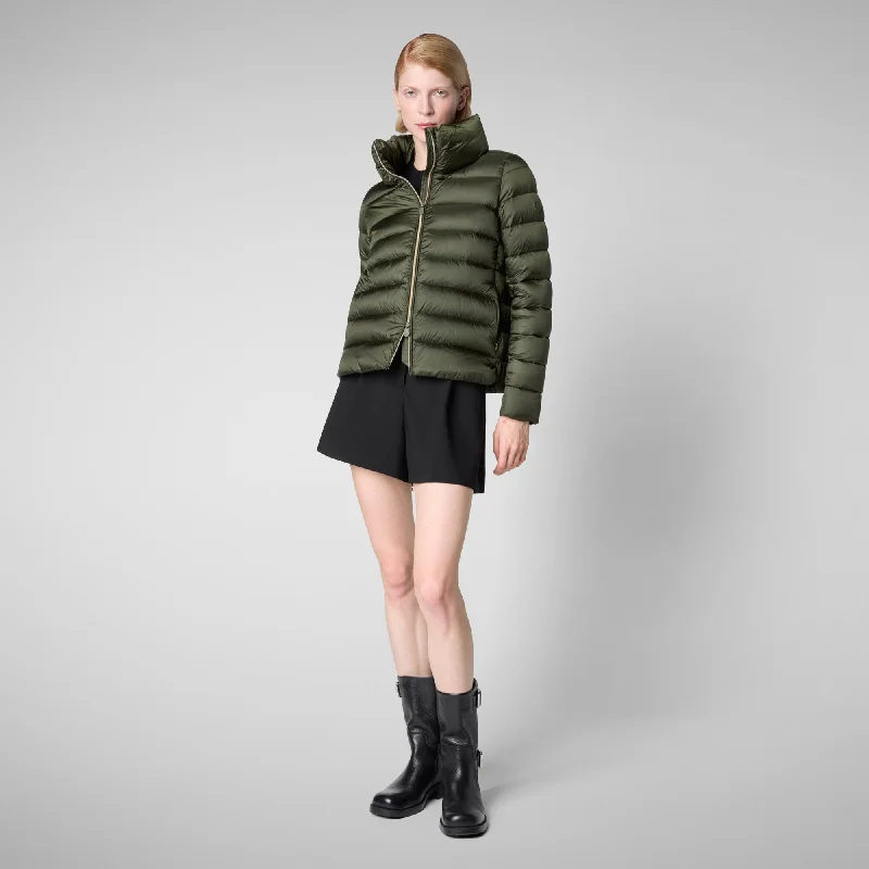 Women's Animal free Puffer Jacket Elsie inPine Green Notch Collar Peter Pan Collar Cowl Neck