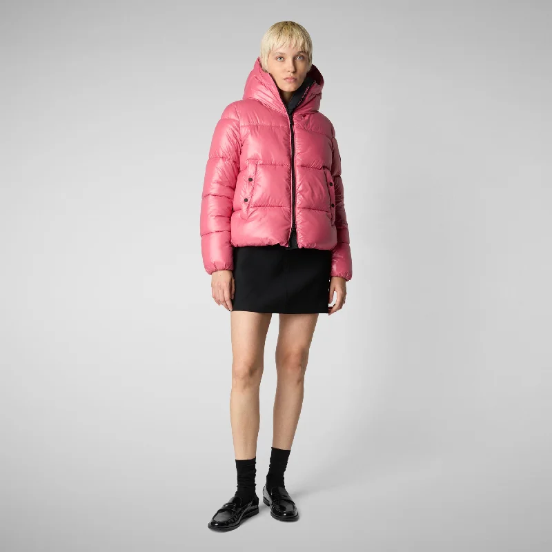 Women's Hooded Animal free Puffer Jacket Biddy in Bloom Pink One-Shoulder Jacket Off-the-Shoulder Jacket Asymmetrical Jacket