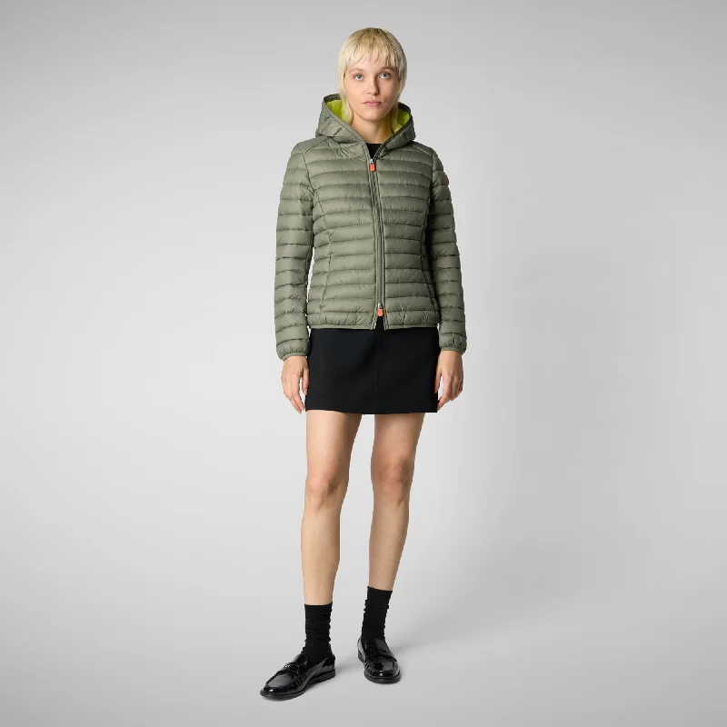 Women's Hooded Puffer Jacket Daisy in Swamp Green Belted Jacket Elasticated Jacket Padded Jacket