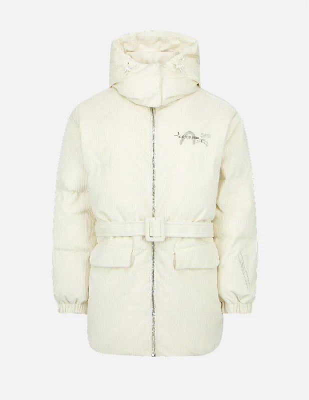 Seagull Embroidery Corduroy Belted Down Jacket Toggled Jacket Drawstring Jacket Belted Jacket