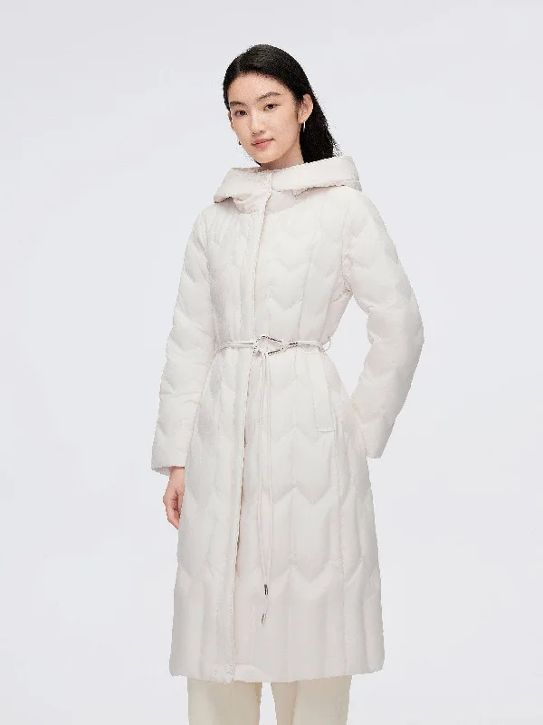 Women's Long Hooded Goose Down Jacket With Belt 4172 Cotton Fabric Linen Fabric Terry Fabric