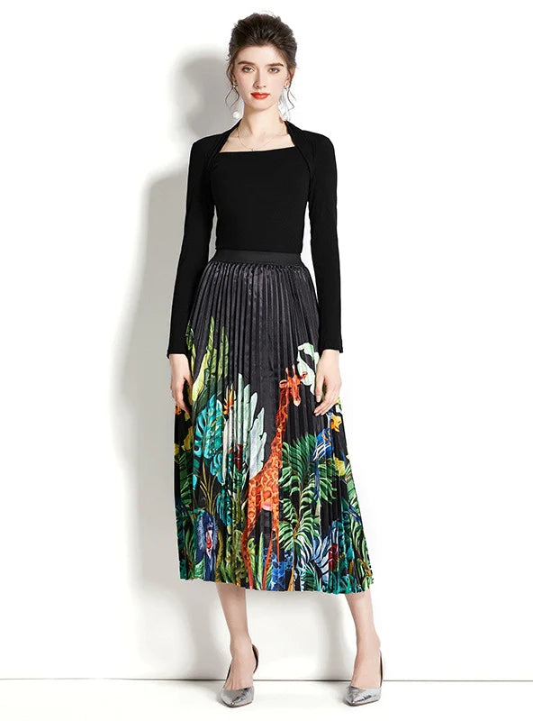 RETRO SQUARE NECK LONG SLEEVE TOP+PRINTED PLEATED SKIRT SUIT cashmere skirt rich