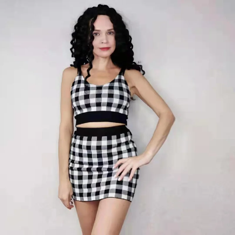 2pcs/set Women's Knit Suit Plaid Camisole Hip Skirt Two-piece Set bodycon Short Skirt Two-piece Women Outfits pleated skirt texture