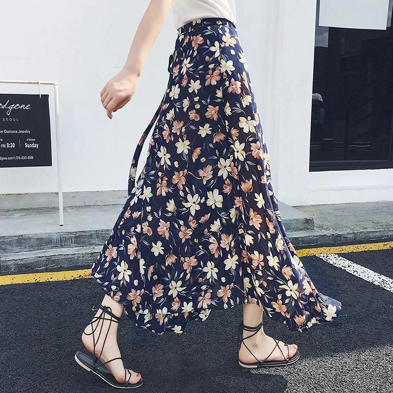 A piece of cloth Long Floral Chiffon Casual Skirt Women Summer Chiffon Wrap Skirt Long Beach Skirt cashmere skirt rich