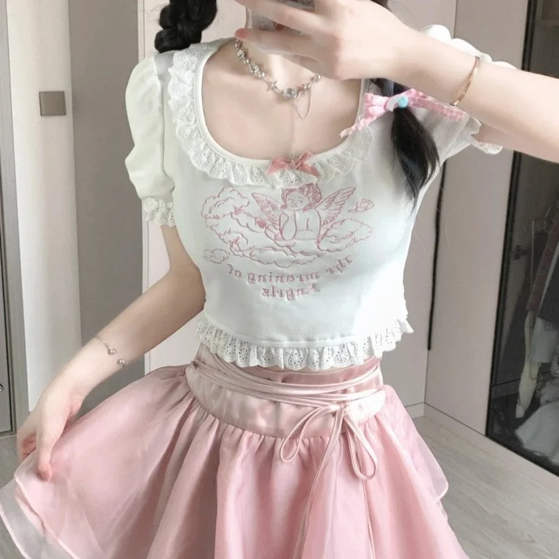 Angel sweet lace T-shirt + tutu skirt PL53362 chiffon skirt airy