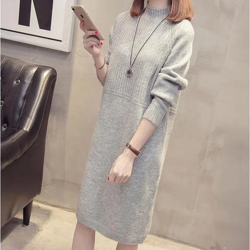 Autumn and Winter Half Turtleneck Sweater Mid-length Loose Solid Color Bottoming Shirt Fashion Casual Sweater Skirt chiffon skirt flowing