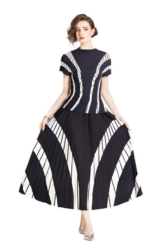 Black Multi Striped Two Piece Skirt Set linen skirt relaxed