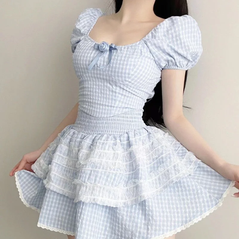 Blue plaid top + high waist tutu skirt two-piece set PL53517 velvet skirt luxurious