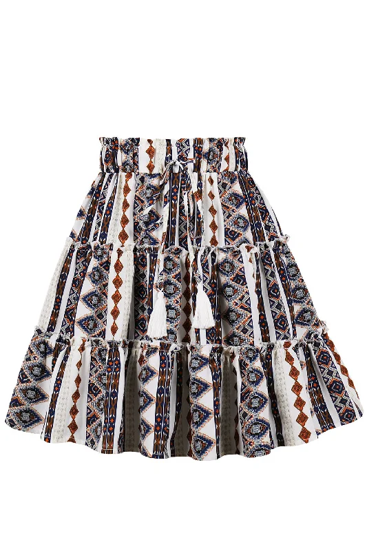 Boho Geometric Prints A-line Skirt with Fringe wool skirt thick