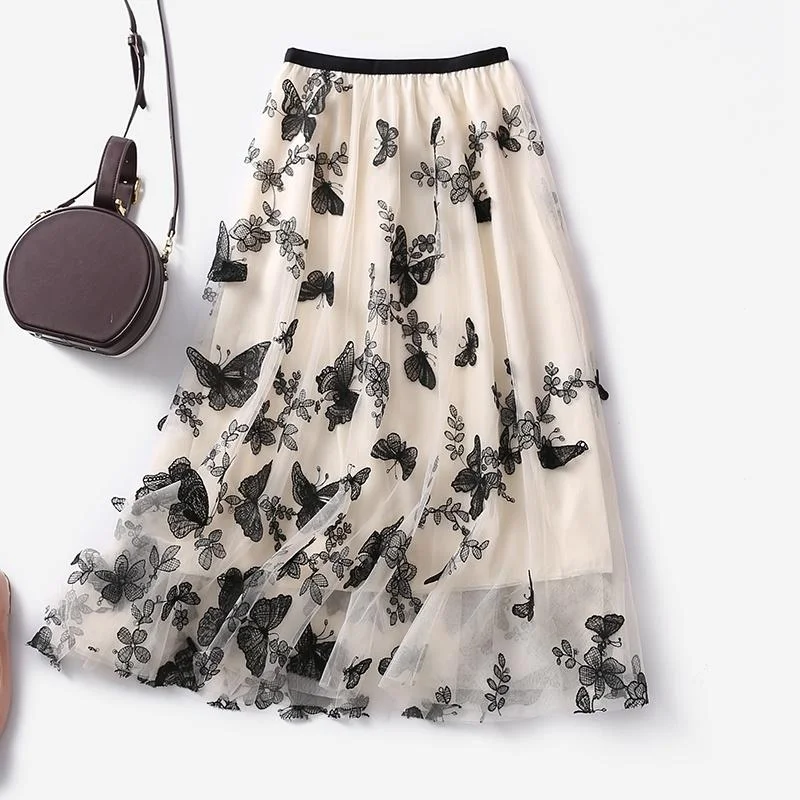 Butterfly embroidery Women Chiffon Skirt Mid-length A-line Skirt Plus Size Fairy Skirt Summer Ruffled Elastic Waist Sandy Beach Vacation Daily tulle skirt dreamy