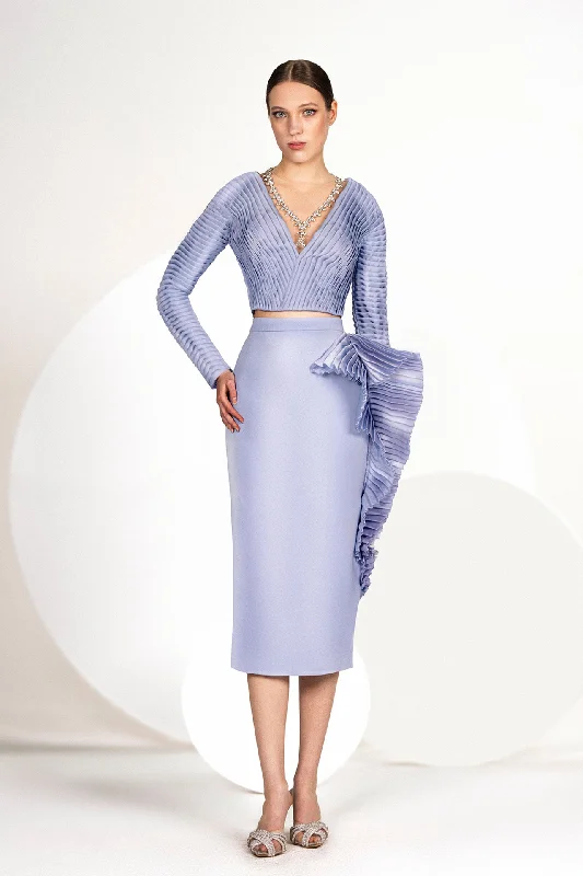 Crystals beaded pleated top with midi skirt chiffon skirt floaty