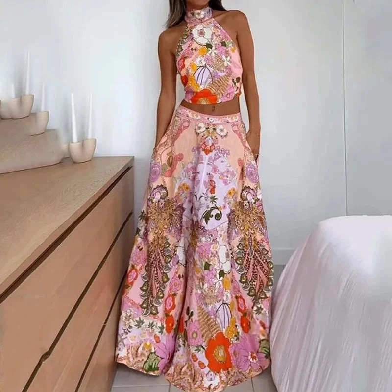 Fashion Printed Half Turtleneck Sleeveless Mid-length Expansion Skirt Suit ribbed skirt waist