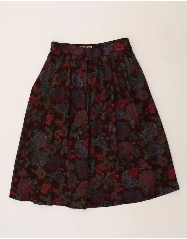 GEIGER Womens High Waist Flared Skirt IT 42 Medium W28 Burgundy Floral a-line skirt cut