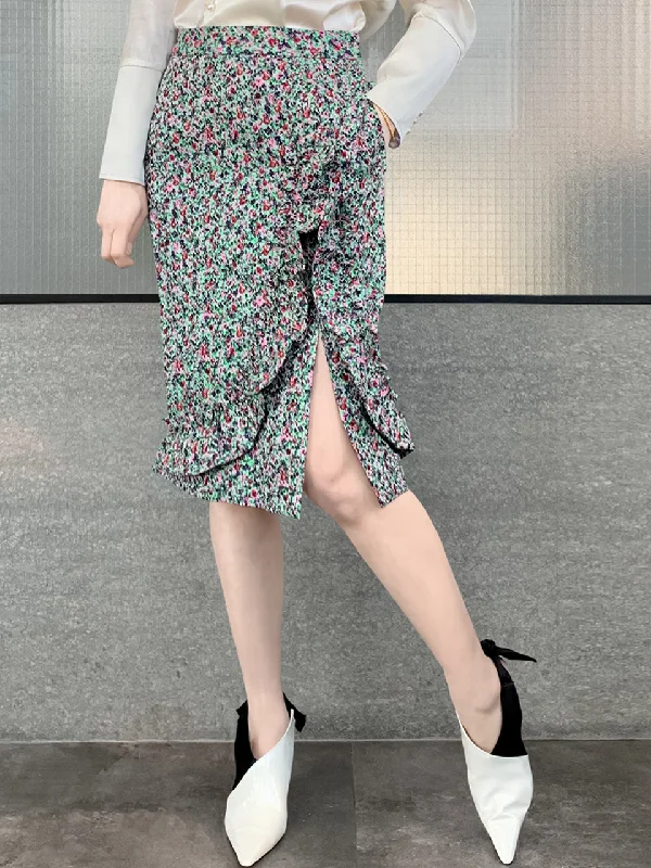 Surprise Sale! Green Jacquard Blossom Ruffle Slit Pencil Skirt chiffon skirt flowing