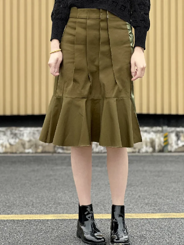 Green Pleated Detail Satin Patch Knee-length Skirt leather skirt modern