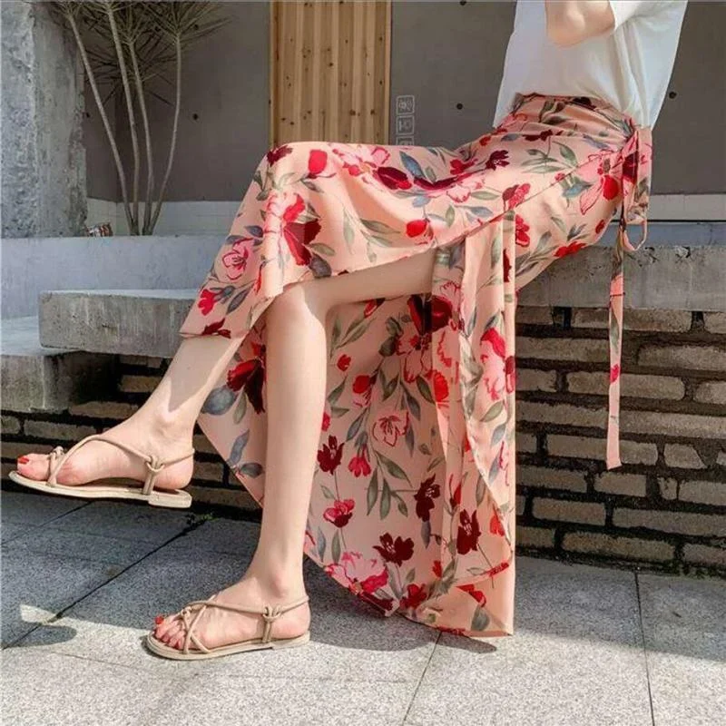 Long Floral Chiffon Casual Skirt A Piece of Cloth Women Summer Long Beach Wrap Skirt silk skirt elegant