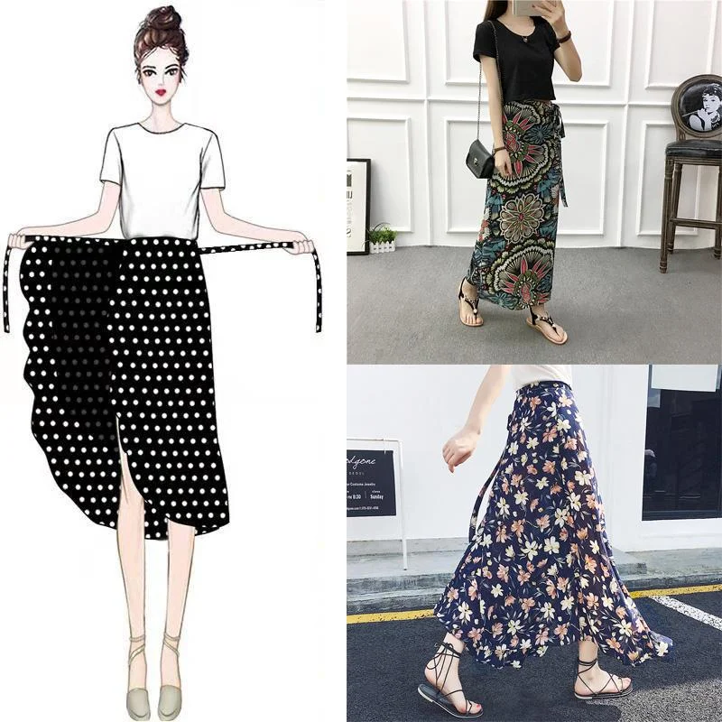 Long Floral Chiffon Casual Skirt One-piece Skirt Women Summer Chiffon Wrap Skirt Long Beach Skirt corduroy skirt cozy