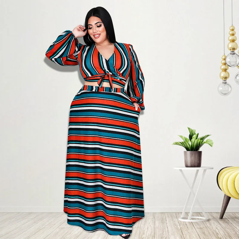 Plus Size Plus Size Women Clothing Autumn Striped Printed Long Sleeves Long Skirt Set leather skirt sleek