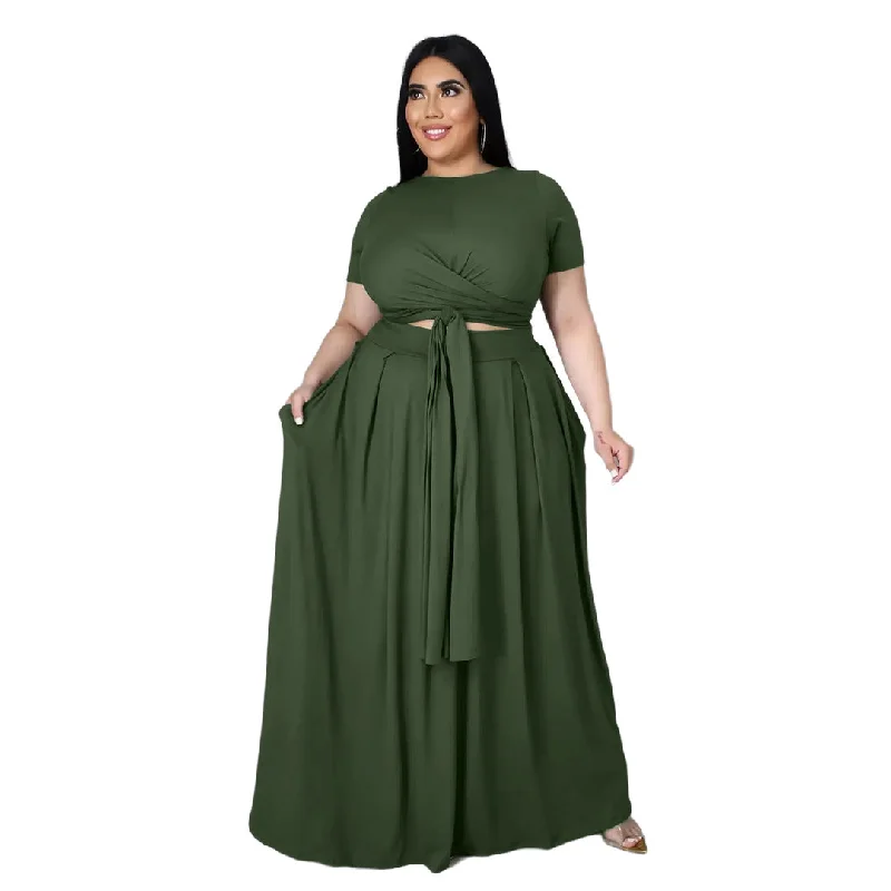 Plus Size Plus Size Women  Solid Color Cross Lace-up Large Swing Skirt Two-Piece Suit slim fit skirt