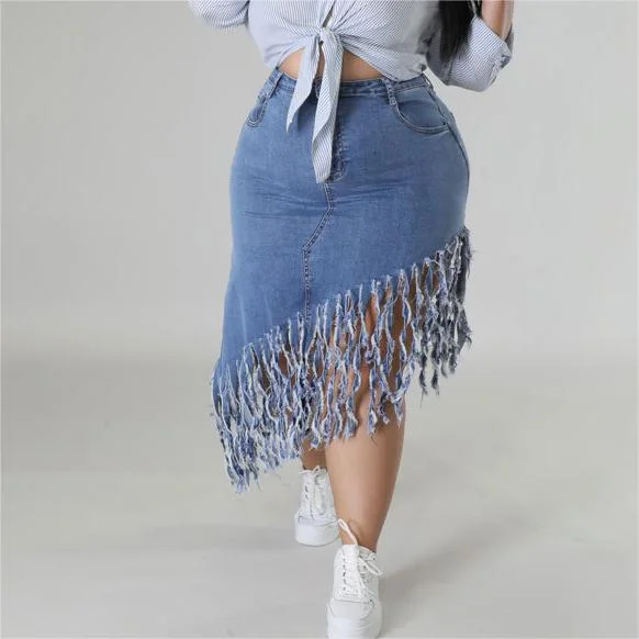 Plus Size Women Clothes Spring Denim Skirt with Tassel Source cashmere skirt fine