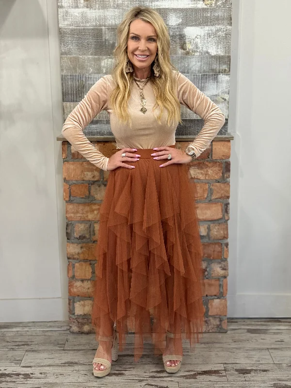 Ruffle Tulle Maxi Skirt in Rust cotton skirt soft