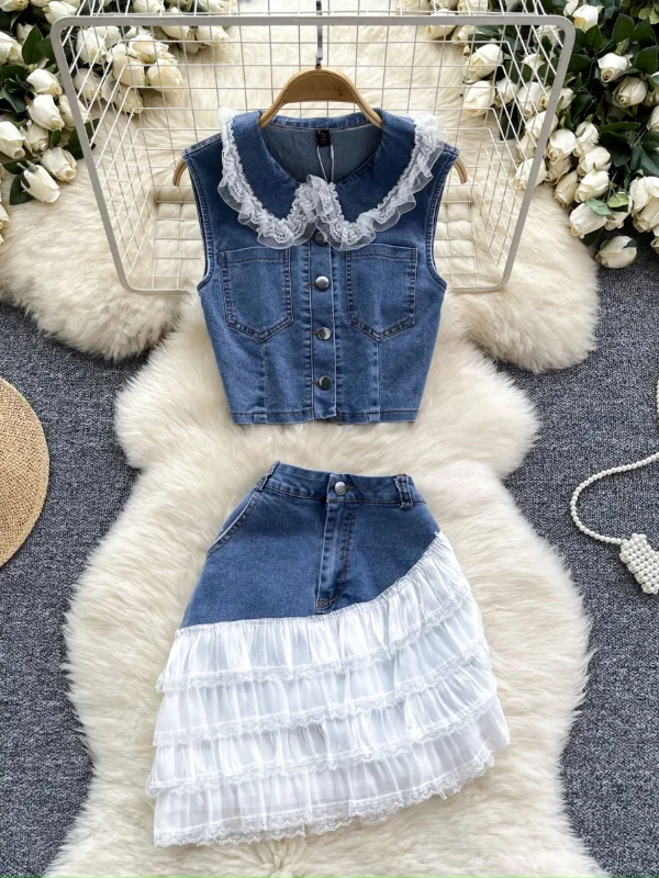 Ruffled Hem Lace Denim Vest and Skirt Set maxi skirt elegant