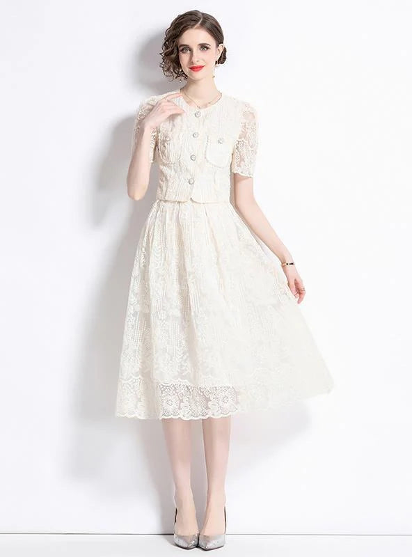 SHORT SLEEVE LACE SHIRT+SKIRT TWO-PIECE SUIT silk skirt lustrous