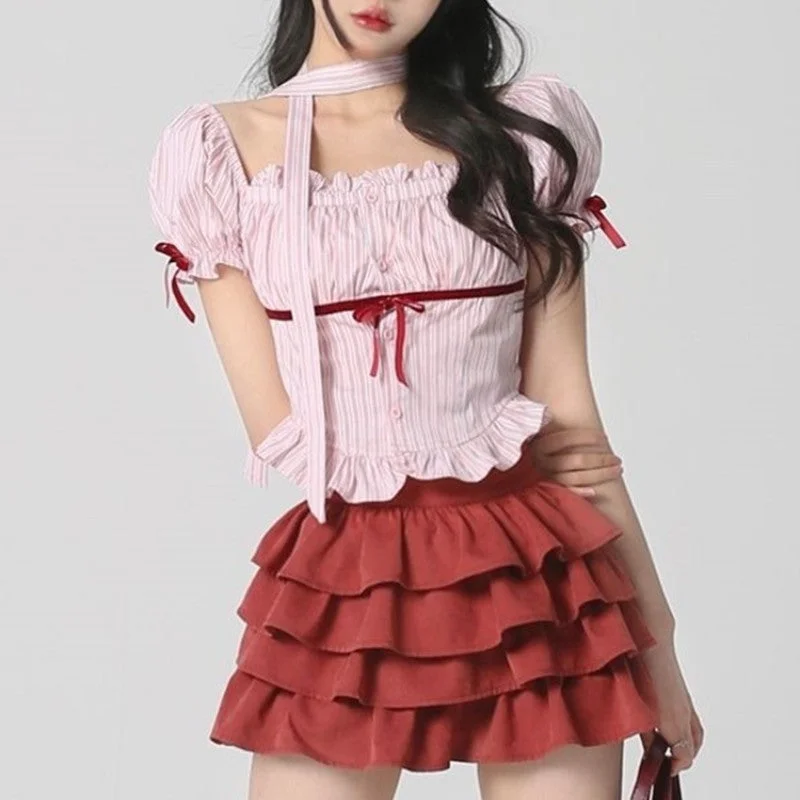 Striped Bow Shirt Red Cake Skirt Two-Piece Set PL53418 satin skirt smooth