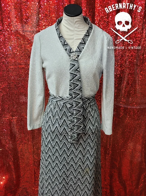 Vintage Silver & Black Shirt & Skirt Set chiffon skirt flowing