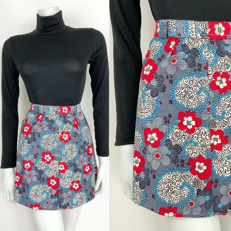 VINTAGE 60s 70s NAVY BLUE WHITE RED PSYCHEDELIC FLORAL MINI SKIRT 10 asymmetrical skirt cut