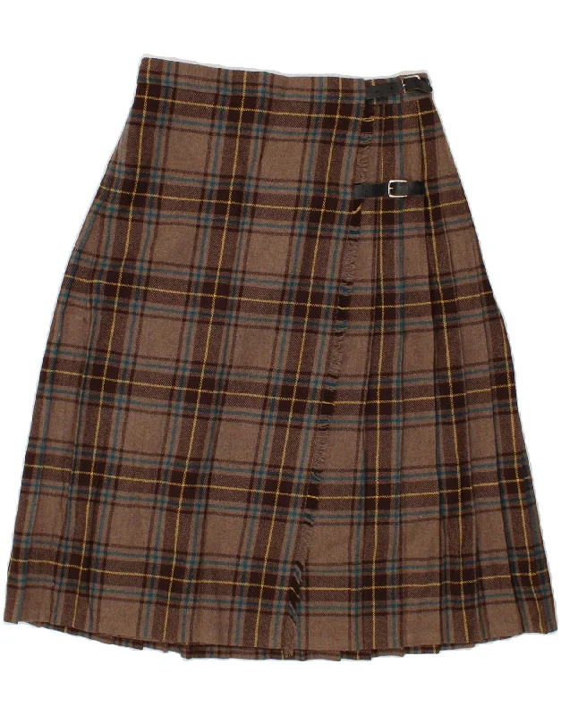 VINTAGE Womens Pleated Wrap Skirt  W30 Medium  Brown Check slim fit skirt