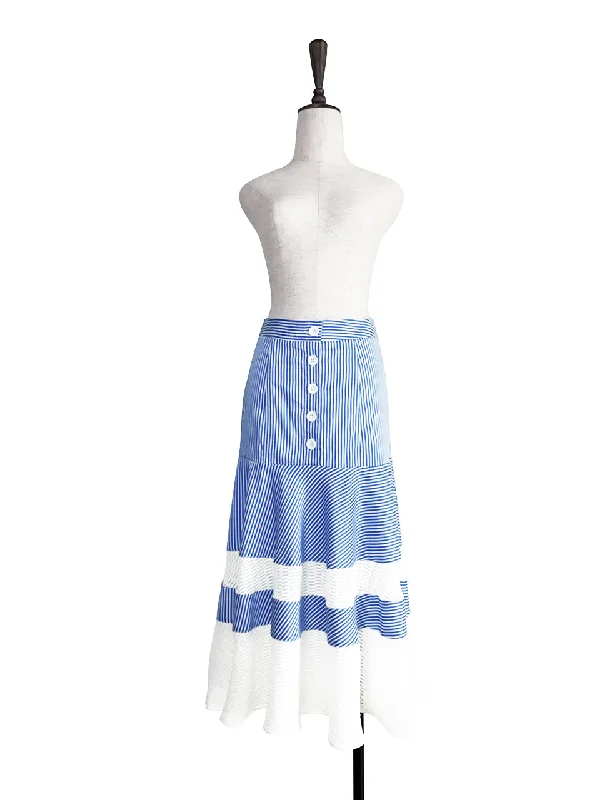 Further Sale! Blue Stripe Geometric Lace Ruffle Midi Skirt wool skirt sturdy