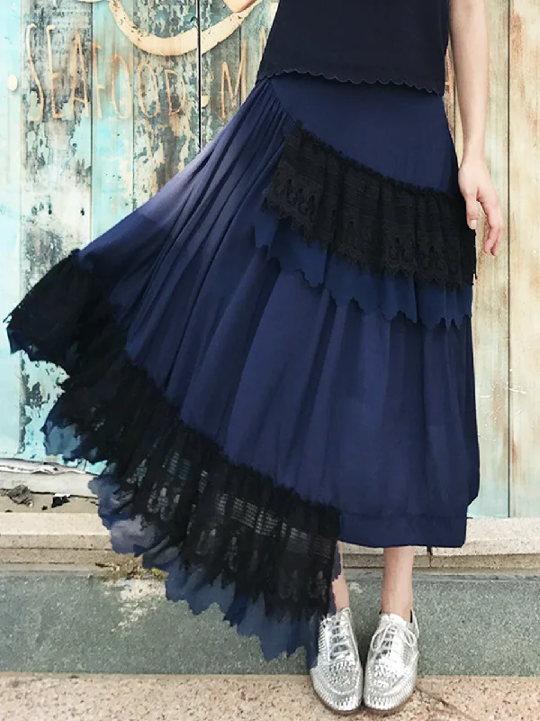 Final Sale! Navy Ruffled Asymmetrical Lace Patch Skirt velvet skirt plush