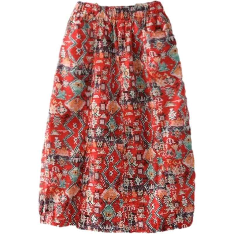 Women Large Size Cotton and Linen A-line Skirt Ethnic Style Printed Short Skirt Knee-length Enthusiasm denim skirt casual