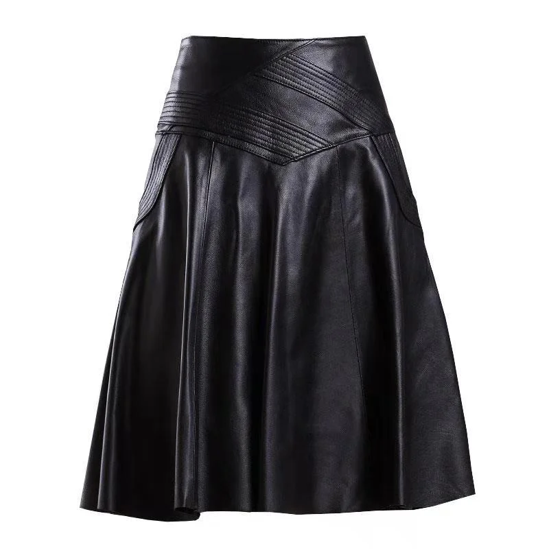 Women Spring Autumn PU Leather Skirts Lady High Waist A-line Skirt Midi Length Black Skirt Women wrap skirt elegant