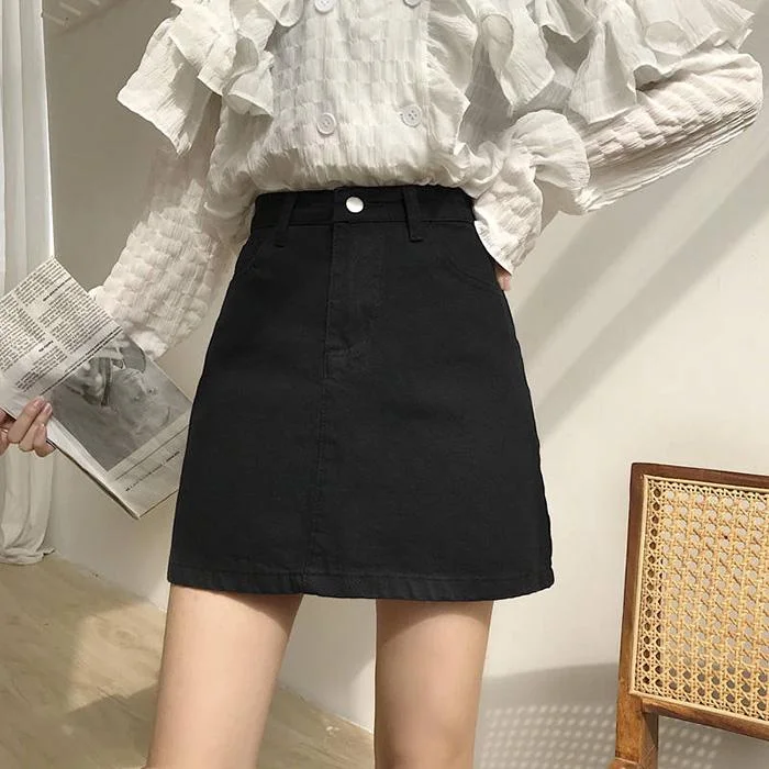 Women Summer High Waist Skirt Casual Solid Color Anti-Darkening Mini Thin Sexy A-line Denim Skirt leather skirt bold