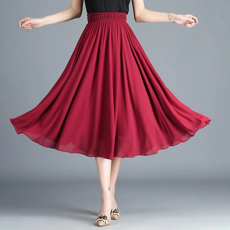 Women Vintage Elegant  High Waist A-line Chiffon Skirt Long Pleated Skirt pencil skirt chic