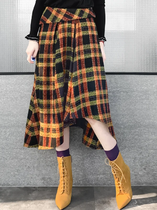 Last Chance! Yellowish Tartan Roll Top High/Low Flowy Skirt high waist skirt